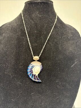 Silver Nautilus Shell Pendant Necklace - Blue Iridescent